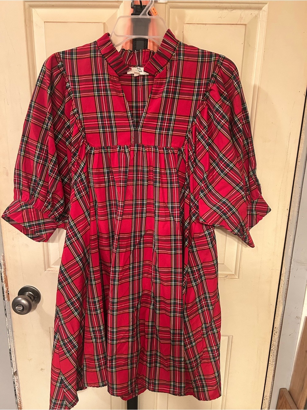 Women’s Red Plaid Holiday Dress with Ruffle Collar